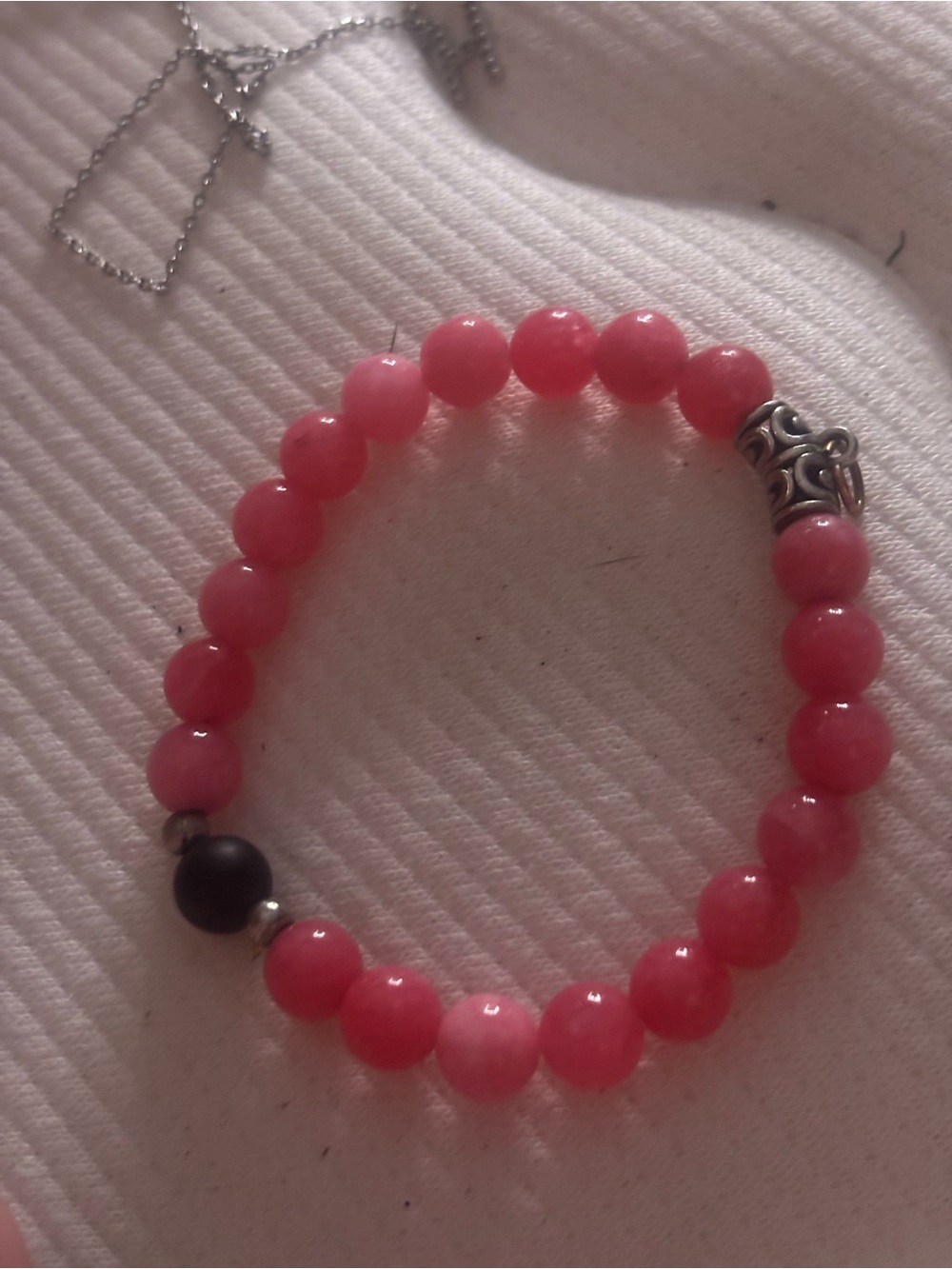 Pink Beaded Stretch Bracelet with Silver Accent